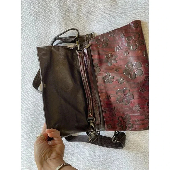 Made In Canada Leather  Flower Daisy Embossed Purse Burgundy Brown Boho Hippie - Picture 6 of 16